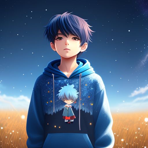 unusual-wasp105: anime boy wearing blue sweater with hoodie and standing  outside in a sunny field with sparkles around him