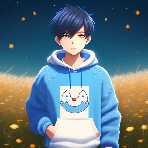 unusual wasp105 anime boy wearing blue sweater with hoodie and