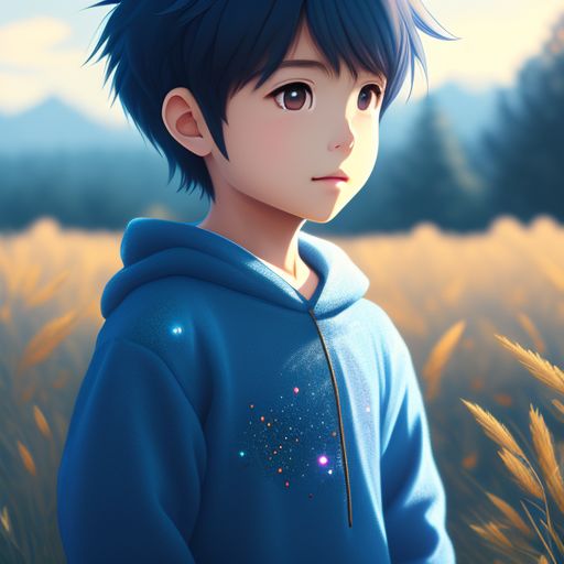  chico de anime inusual-wasp1 con suéter azul con capucha y parado afuera en un campo soleado con destellos a su alrededor