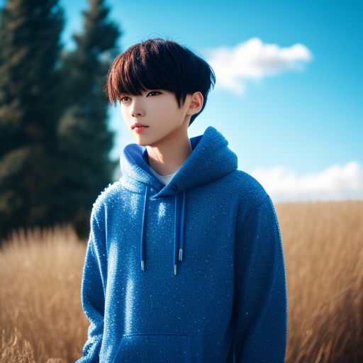 unusual-wasp105: anime boy wearing blue sweater with hoodie and standing  outside in a sunny field with sparkles around him