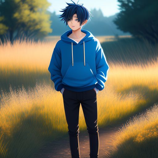 unusual-wasp105: anime boy wearing blue sweater with hoodie and standing  outside in a sunny field with sparkles around him