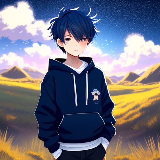  inusual-wasp1 anime boy teen usando un suéter azul oscuro con capucha y parado afuera en un campo soleado con destellos a su alrededor