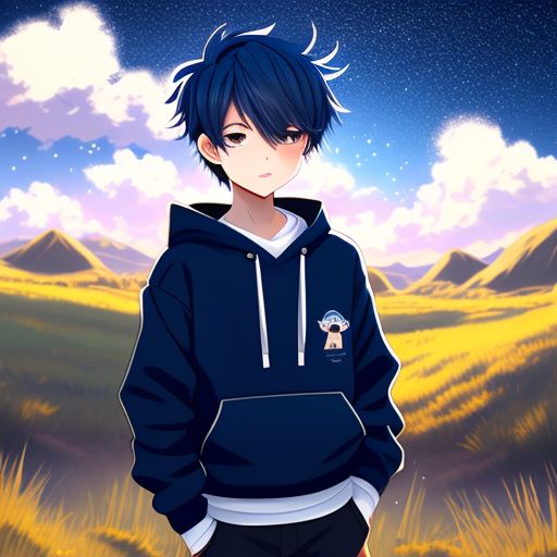 unusual-wasp105: anime boy wearing blue sweater with hoodie and standing  outside in a sunny field with sparkles around him