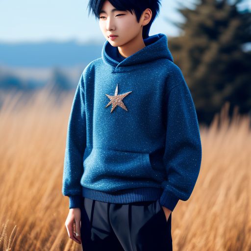 unusual-wasp105: anime boy wearing blue sweater with hoodie and standing  outside in a sunny field with sparkles around him