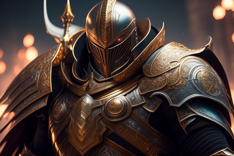 portrait of a man wearing a heavy knight armor with intricate golden details with a huge sword, sci-fi, fantasy, highly detailed armor, elegant, illustration, concept art, red eyes, artstation, sharp focus, smooth, art by artgerm and greg rutkowski, Cinematic, Photography, Sharp, Hasselblad, Dramatic Lighting, Depth of field, Medium shot, Soft color palette, Incredibly high detailed, Lightroom gallery