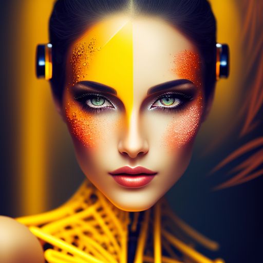 beautiful woman, robotic face, eyes yellow,ray
,  Calming artwork ((such as nature photography or abstract paintings)),  perfect body,  sharp focus