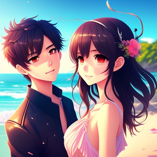 oizi: Cute anime couple on romantic beach date with highly detailed faces.