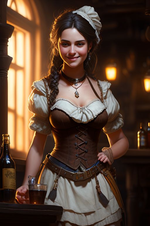 Centered, Photography, Realistic, A detailed portrait of a cute brunette girl, barmaid, in a tavern, brown eyes, laughing, by justin gerard and greg rutkowski, digital art, realistic painting, dnd, character design, trending on artstation, Cinematic, Beautiful, Ultra detailed, Dramatic Lighting, Canon EOS R6, 