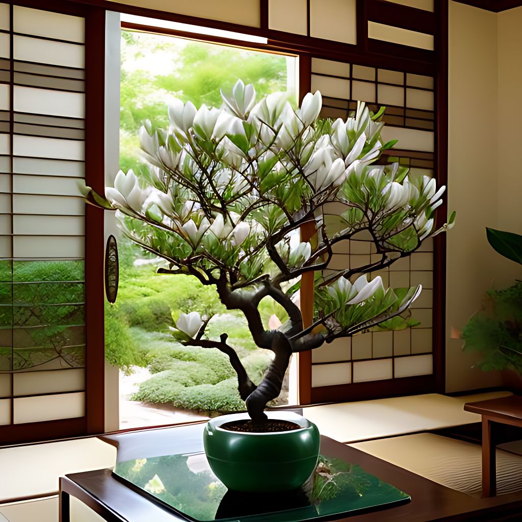 Bonzai magnolia tree in full bloom in green jade planter sitting on small table beside open sliding glass door, Low angle, Warm lighting, traditional japanese style, Intricate, peaceful, Highly detailed, Digital painting, Artstation, Concept art, Smooth, Sharp focus, Botanical illustration, by kengo inoue and jake weidmann and jill bliss and kate kyehyun park.
