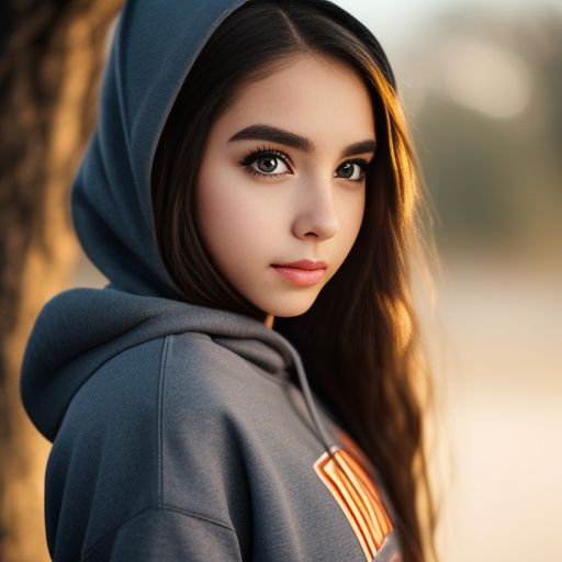 Teen girl with long, light brown hair and grey eyes. She wears a dark hoodie and she is small in stature, set in a beautiful and mysterious scenery, with a lively face and soft smile, the style is pure cartoon, with a delicate touch to the details., Brown hair, Grey eyes, Light brown hair color, Light brown hair, Light brown wavy hair, Big eyes, Adorable big eyes, Gamer girl, Cute, Hoodie, Crop top hoodie jacket