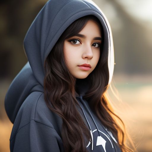 Teen girl with long, light brown hair and grey eyes. She wears a dark hoodie and she is small in stature, set in a beautiful and mysterious scenery, with a lively face and soft smile, the style is pure cartoon, with a delicate touch to the details., Brown hair, Grey eyes, Light brown hair color, Light brown hair, Light brown wavy hair, Big eyes, Adorable big eyes, Gamer girl, Cute, Hoodie, Crop top hoodie jacket