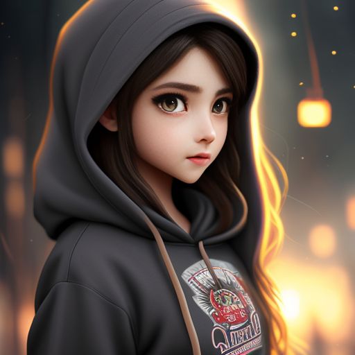 Teen girl with long, light brown hair and grey eyes. She wears a dark hoodie and she is small in stature, set in a beautiful and mysterious scenery, with a lively face and soft smile, the style is pure cartoon, with a delicate touch to the details., Brown hair, Grey eyes, Light brown hair color, Light brown hair, Light brown wavy hair, Big eyes, Adorable big eyes, Gamer girl, Cute, Hoodie, Crop top hoodie jacket