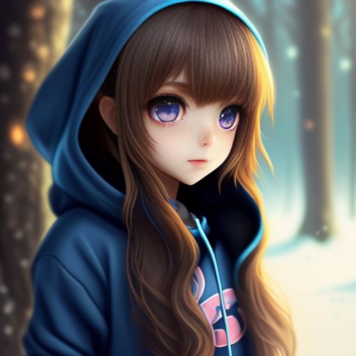 Teen girl with long, light brown hair and dull, blue eyes. She wears a dark hoodie and she is small in stature, set in a beautiful and mysterious scenery, with a lively face and soft smile, the style is pure cartoon, with a delicate touch to the details., Brown hair, Light brown hair color, Light brown hair, Light brown wavy hair, Big eyes, Adorable big eyes, Gamer girl, Cute, Hoodie, Crop top hoodie jacket, Blue eyes, Chibi kawaii, chibi