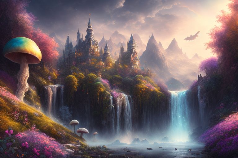 Fedoraxsa: A majestic fantasy landscape, World Fantasy Award-winning  artist, misty mountains, magical castle, flying dragons, waterfalls,  rainbow, unicorns, giant mushrooms, glowing flowers, ethereal lighting,  calming atmosphere, storybook-like scener