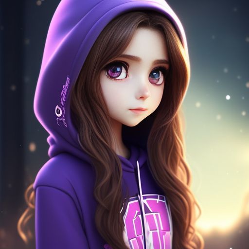 Teen girl with long, light brown hair and dull, blue eyes. She wears a dark hoodie and she is small in stature. She stands in front of a pink background. , set in a beautiful and mysterious scenery, with a lively face and soft smile, the style is pure cartoon, with a delicate touch to the details., Brown hair, Light brown hair color, Light brown hair, Light brown wavy hair, Big eyes, Adorable big eyes, Gamer girl, Cute, Hoodie, Crop top hoodie jacket, Blue eyes, Chibi kawaii, chibi, Pink Background, Purple background