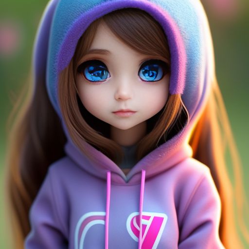 Teen girl with long, light brown hair and dull, blue eyes. She wears a dark hoodie and she is small in stature. She stands in front of a pink background. , set in a beautiful and mysterious scenery, with a lively face and soft smile, the style is pure cartoon, with a delicate touch to the details., Brown hair, Light brown hair color, Light brown hair, Light brown wavy hair, Big eyes, Adorable big eyes, Gamer girl, Cute, Hoodie, Crop top hoodie jacket, Blue eyes, Chibi kawaii, chibi, Pink Background, Purple background