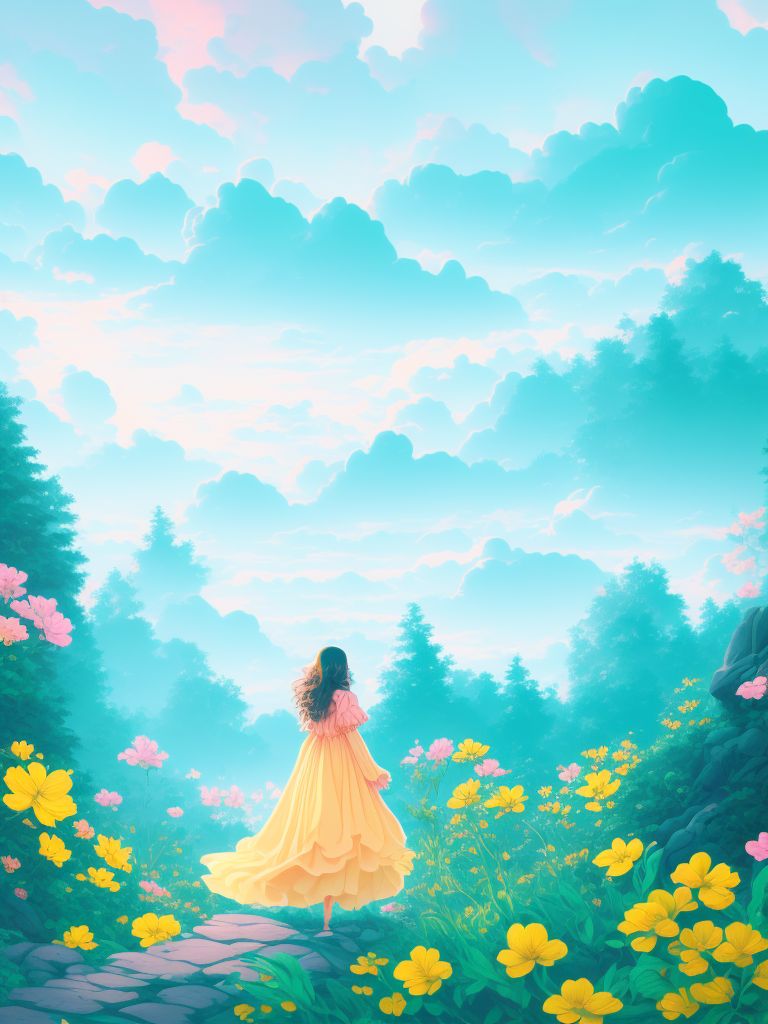 Synthwave colors, Neon, Vintage, Illustration, Surrealism, On a rainy day in summer, a cute girl with long brown curly hair and a yellow umbrella is walking comfortably on the stone steps in the woods. There are some beautiful flowers around the stone steps. Anime style,Hand-drawn style,Fairytale style,Luxury style,Cinematic style,Warm toned lighting,Cool toned lighting,Soft light,Strong light,Magical lighting,Camera switch,Long shot close-up,Low angle view,Horizontal sliding view , Freeze-frame view, 2D, 4K, Minimal and clean, Dark pastels, Maria Sibylla Merian, Rob Gonsalves, René Magritte, Flat color background, Silk screen, Vintage wallpaper