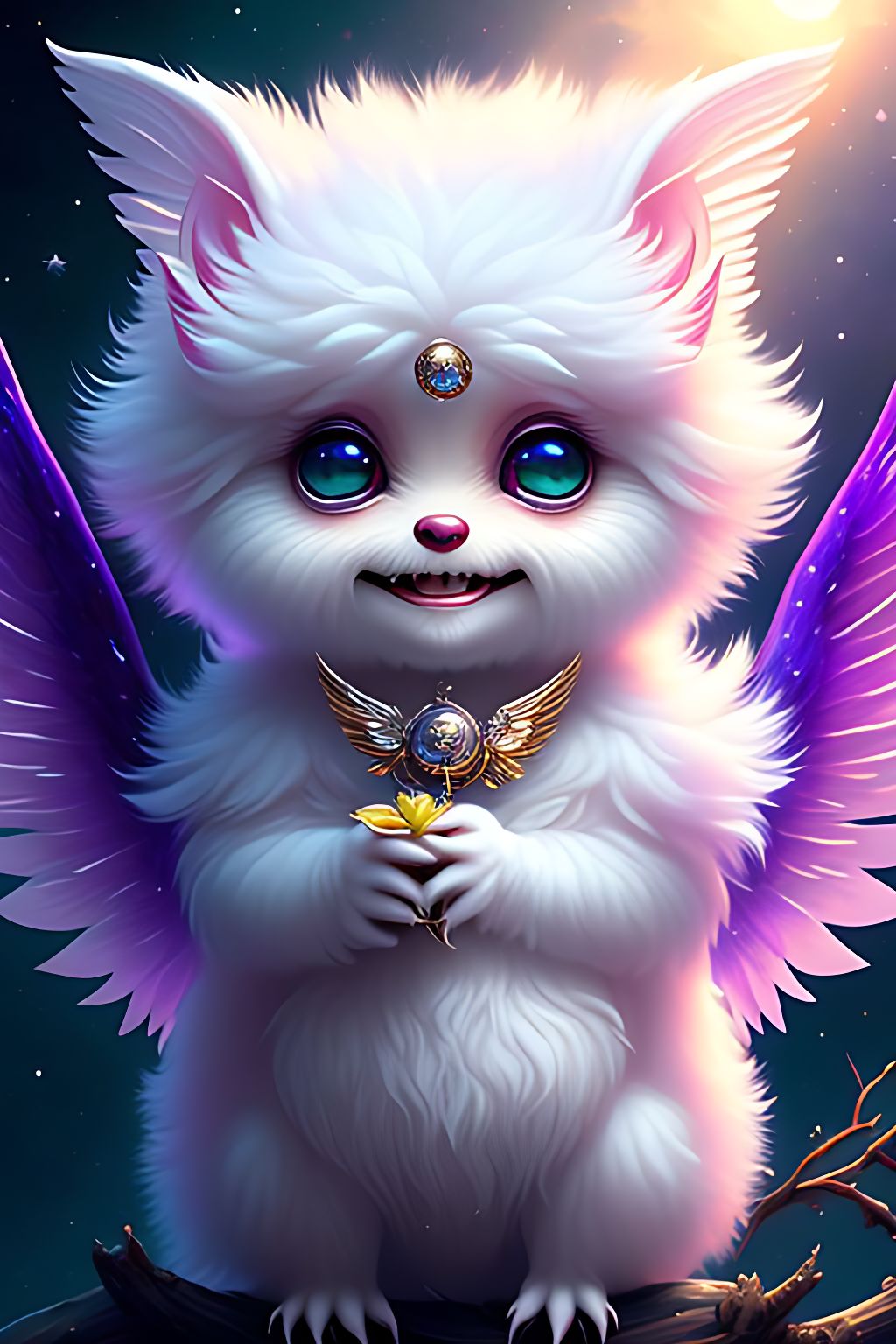 Sana: cute white angelic gremlin creature, white fur and wings, large ...