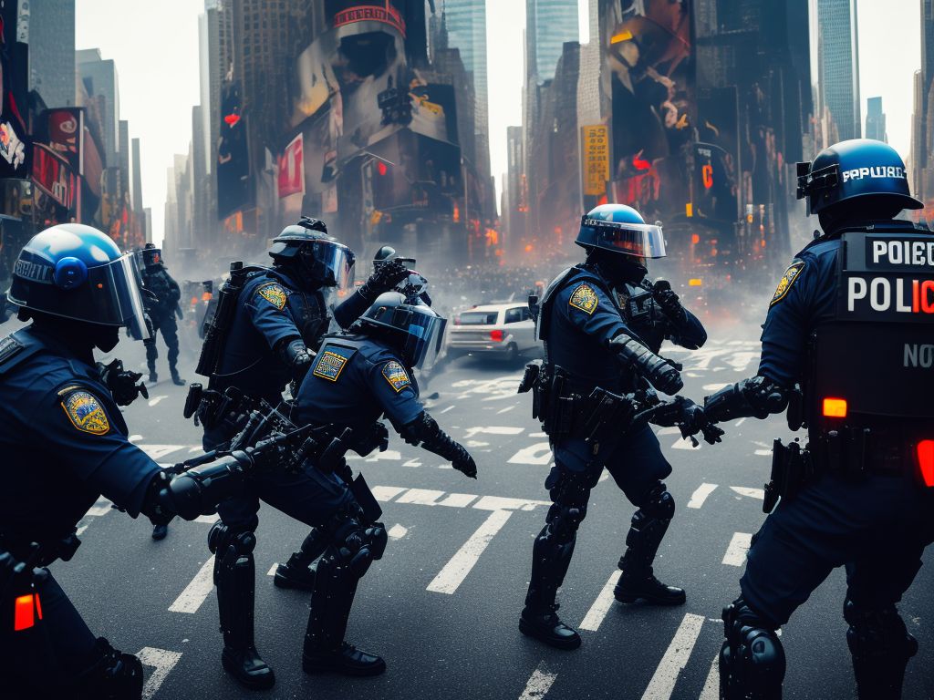 darrylmason: New York City future, Robot Police on left fighting Human  Police on right side, protest, violent, dramatic news photography action,  drama, photorealistic