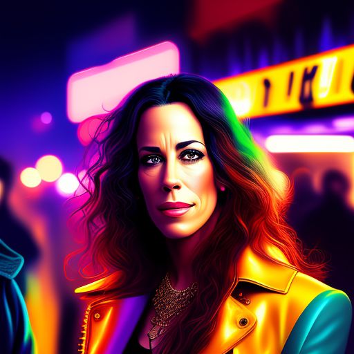Alanis Morissette, bright lights, Glamorous, crowded, chaotic, Trendy, Highly detailed, Digital painting, Artstation, Concept art, Sharp focus, Illustration, inspired by the photography of annie leibovitz, mario testino, and terry richardson.