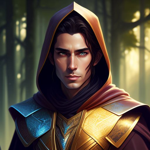 A male Half-Elf wizard with brown hair and brown eyes. Very fine silk white hooded robe with silver lining and no armor
, bright and vibrant colors, Highly detailed, Digital painting, Artstation, Sharp focus, Fantasy, art by kekai kotaki and loish and magali villeneuve.