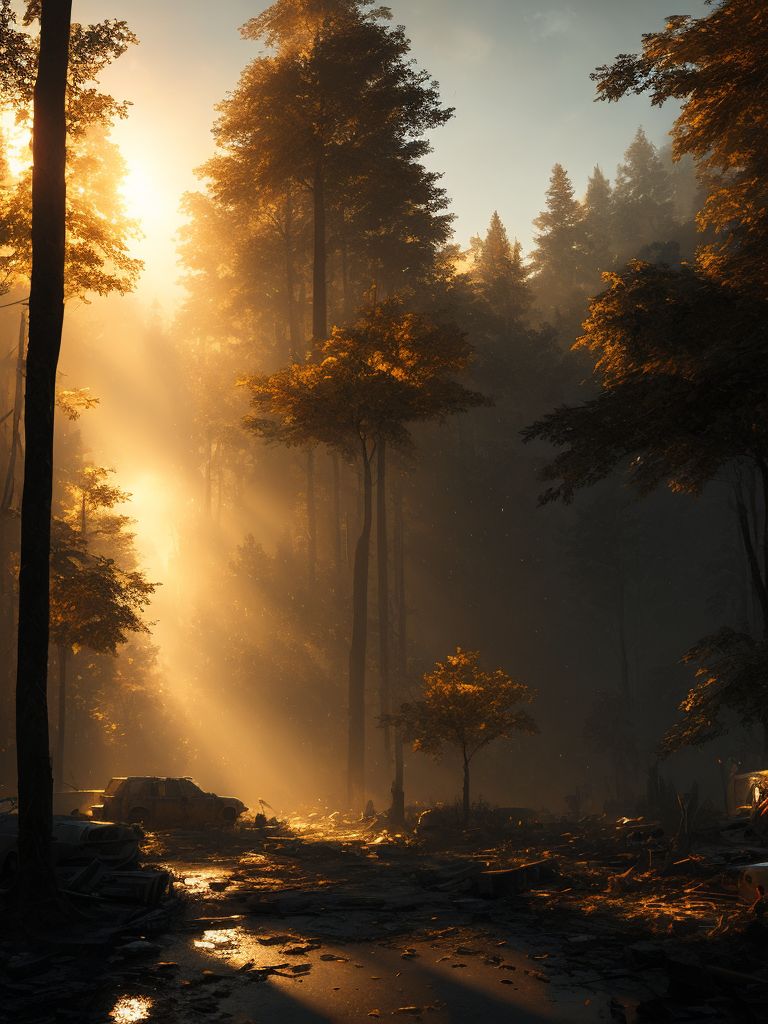 Kasans destroyed city, apocalypse, forest, nature, dynamic lights, golden hour setting, rays of