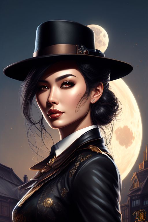 MINIDEM: Vector art, broad brush strokes, steampunk , Portrait of a sassy  girl, detailed, portrait size to the waist, style Fatalism art Max Twain,  jim lee!!! background night big moon.