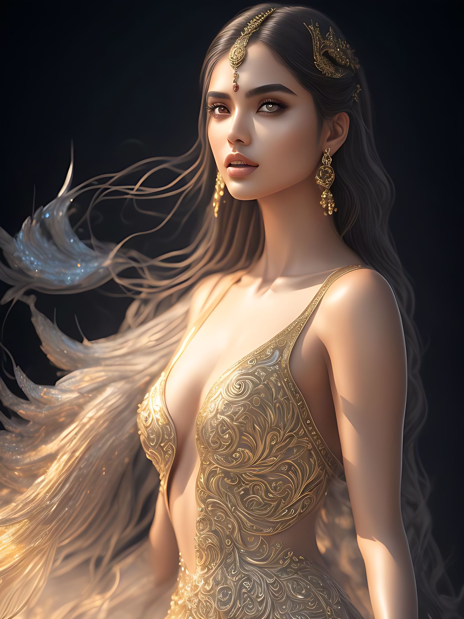 Gmaddie07: Portrait of a beautiful indian girl, blushing, huge wings, big  heavy chest, mermaid, cinematic style, starry background, sensual