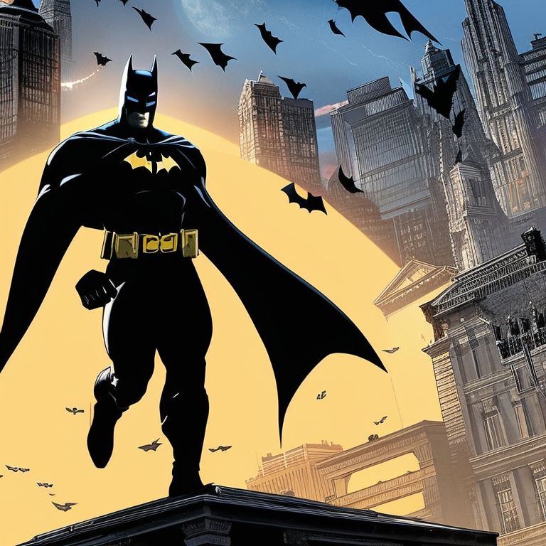 ((majestic art)), ((masterpiece)), ((batman comic book style)), ((intimidating confrontation)) with batman standing on a rooftop, silhouetted against the moon, and confronting a group of villains below, the scene is full of atmosphere and tension, with detailed shadows and lighting that highlight batman's imposing figure, Eye-level, Scenic, masterpiece.