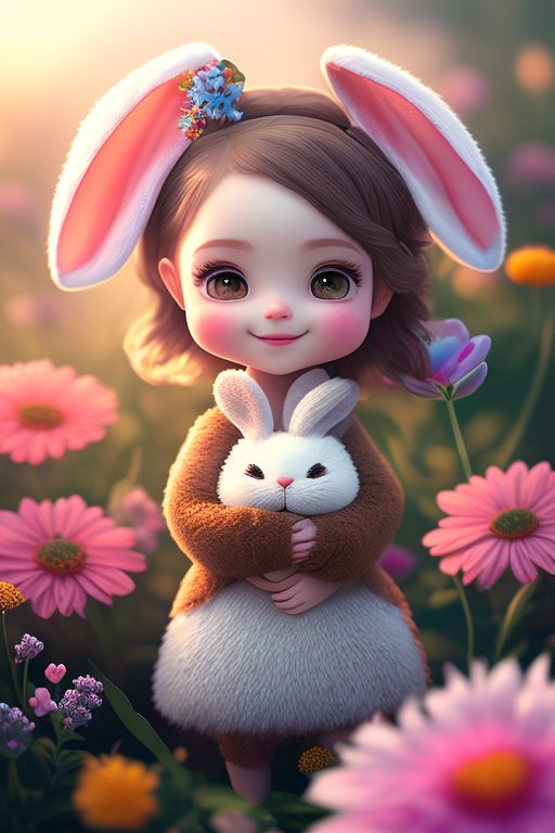 light background color, 3d rendering, Cute Cartoon Girl with Brown hair, green eyes, hugging small, cute, white bunny: surrounded by flowers, Artstation, Unreal Engine, Octane render, Soft light, long lens, Shallow depth of field, bo, sing a song, Smiling, sweet smile, cute smile, Big bright eyes, fluffy hair, wearing a delicate costume, delicate and delicate, incredibly high detail, Bright colors, Natural light, 5 and ctane renderings, in art station, Gorgeous, Ultra wide angle