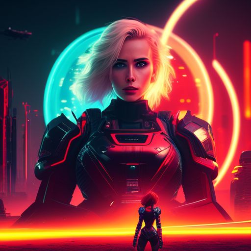 In a futuristic sci-fi movie, a female character steps out of a hovercraft wearing a sleek red bodysuit, her short blonde hair blowing in the wind. The scene is bathed in neon lights and a synth-heavy soundtrack fills the air. As she surveys the desolate wasteland before her, she activates a holographic device on her wrist and scans the area for any signs of life. The camera closes in on her determined expression as she begins her mission to save a dying world. The art style is gritty and futuristic, with sharp lines and vivid colors adding to the otherworldly feel.