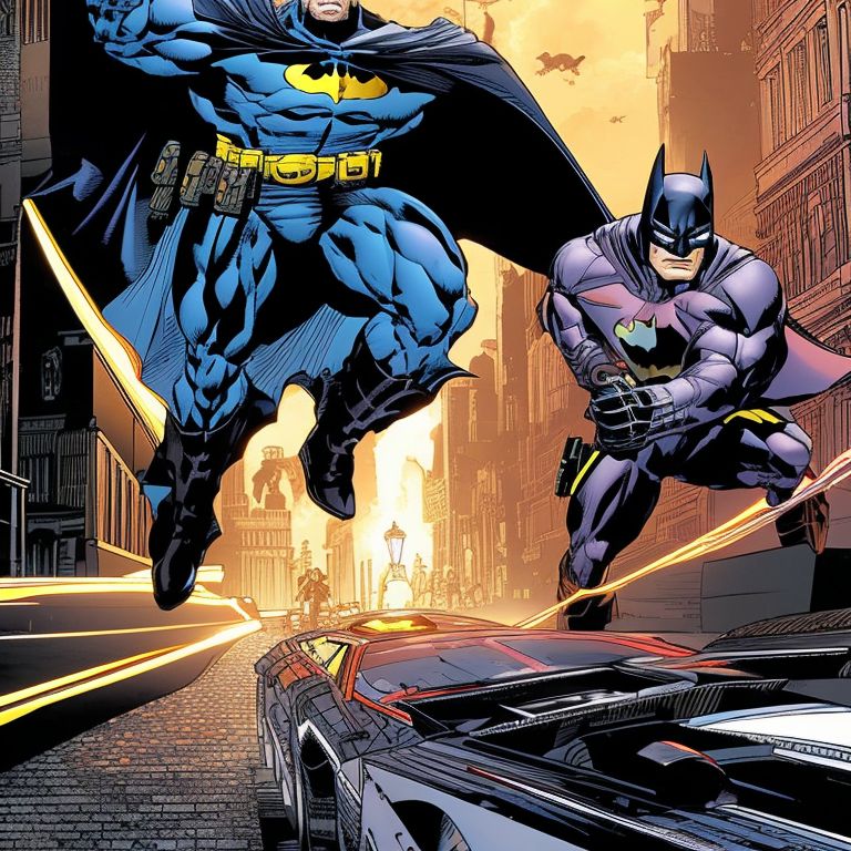 zigzag-rook332: ((Perfect anatomy)), ((masterpiece)), ((Jim Lee-style Dark  Comics Batman)), ((high-speed chase)) with Batman pursuing a villain  through the streets of a city at night. The scene is full of action and  tension,