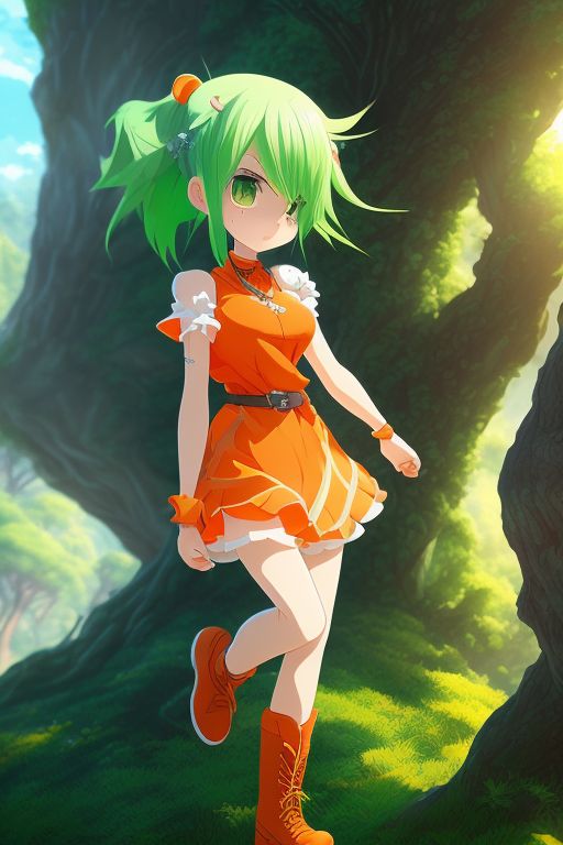 Character design of a lime green precure with yellow-orange eyes