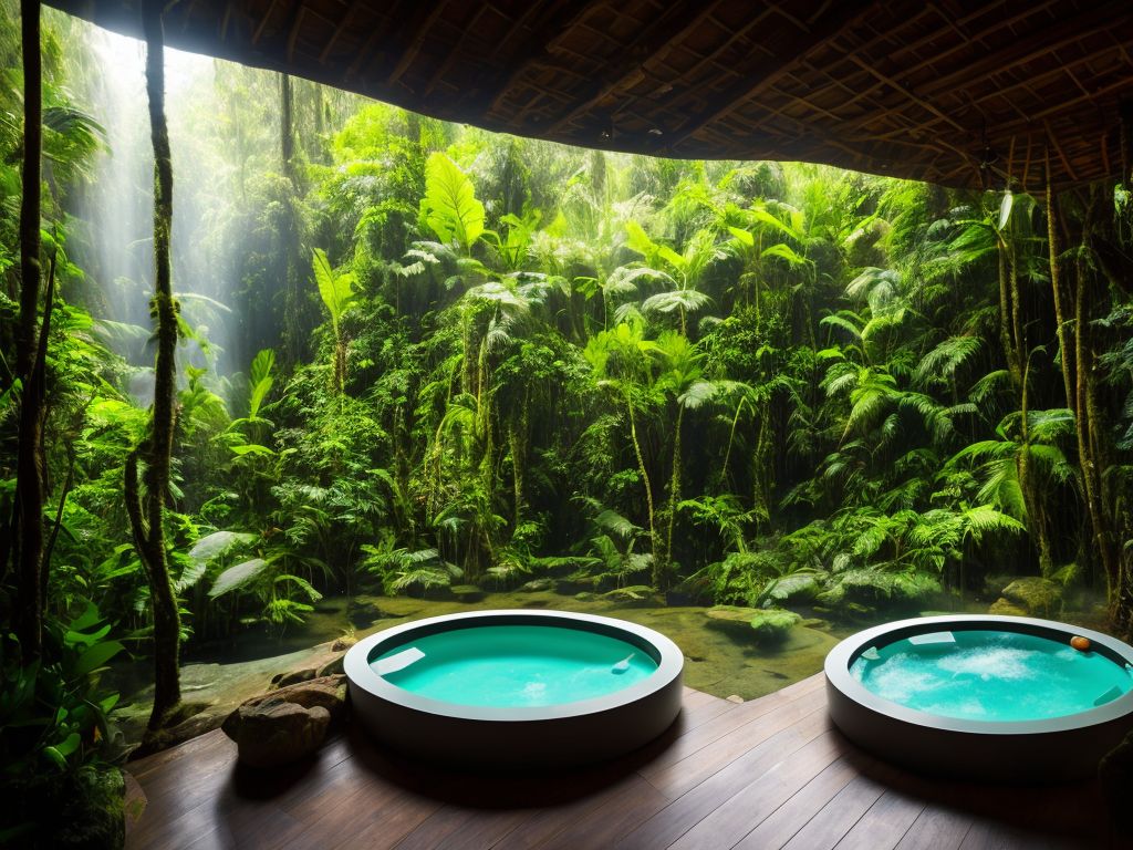 Photo of a Jacuzzi luxury shower in the rainforest with Cinematic daylight