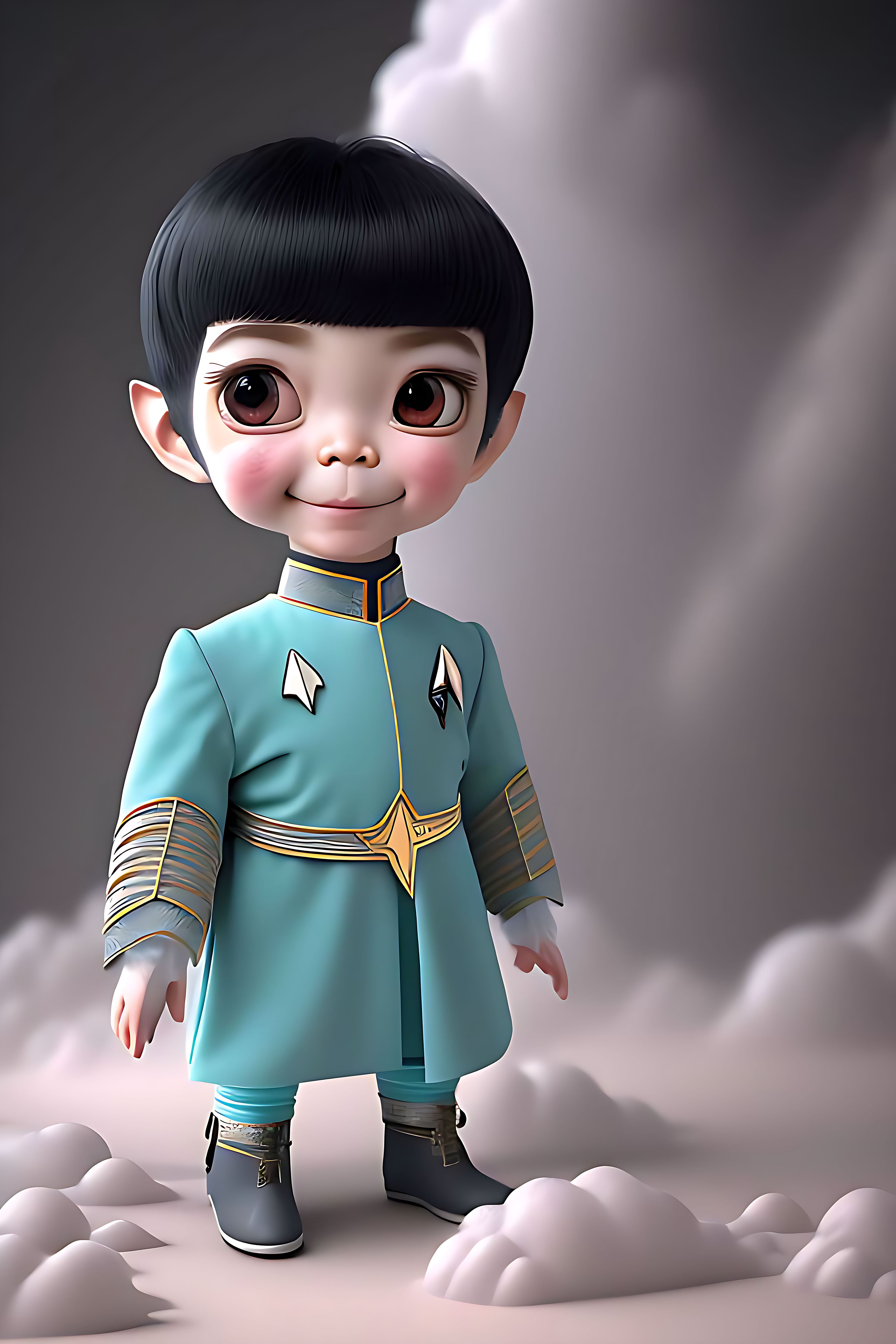 Ethan Peck as Dr Spock with (pointy ears) wearing a Tiffany blue Star Trek starfleet ornate renaissance uniform, detailed, adorable male cloth rag doll, Kawaii art, round, cute Japanese electronics style, grey highlights,  hyperrealism, hyperdetailed, ultra realistic, cute, lP by pop mart, watery grey asian eyes, mockup, cloth rag doll with porcelain face, fine luster, 3Drender, oc render, best quality, ultra detailed, with intricate, highly detailed textures that highlight the subtle imperfections and wear and tear of these beloved playthings, Trending on Artstation, by artists like jason seiler, Michael Kutsche, and Andrew fairclough, rendered photorealistically in octane with unreal engine, with mist swirling around his hyper-detailed form, showcasing volumetric lighting and hdr for a truly otherworldly atmosphere, Character design, void arcanist, Mist, Realistic, Photorealistic, Octane render, Unreal Engine, Hyper detailed, Volumetric lighting, HDR, CinemaHelper, PhotoHelper, very saturated colors, tan,  cute smile, asian eyes looking off to the left
, Fantastic realism, Animated film, Official art, Into the Spiderverse, Phil Lord, Christopher Miller, Hand drawn, Comic, --v 4