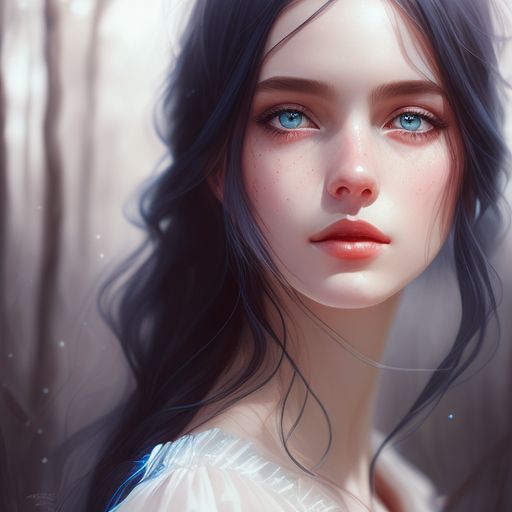 neat-wombat612: A black haired girl with blue eyes wearing a white dress