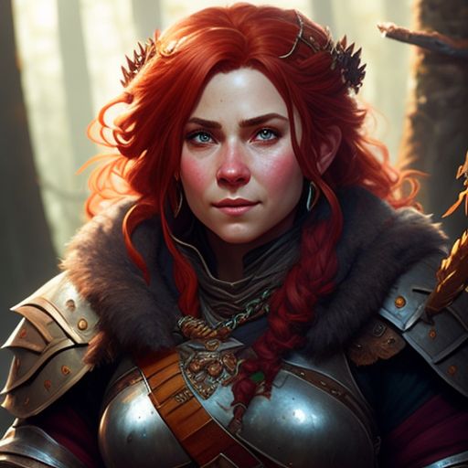 miquaight: A detailed portrait of an gruff lady dwarf, red hair, knight ...