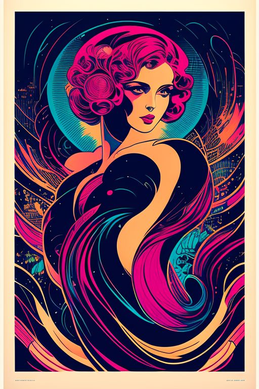 crt scan lines, Analog style, 2D, Illustration, Retrowave, an abstract liquid art deco poster of cosmic girl by Alfons Mucha, noise inference, Masterpiece, 60Hz, Interlaced