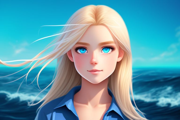 blonde long haired teen with beautiful ocean blue eyes standing and holding a bright water powers and controlling ocean wearing light blue clothes glowing blue background, set in a beautiful and mysterious scenery, with a lively face and soft smile, the style is pure cartoon, with a delicate touch to the details.