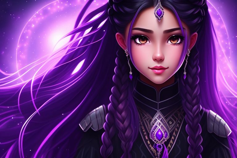 beautiful long black braided open haired teen girl with bright purple eyes standing and holding a glowing dark purple powers wearing royal purple clothes with purple royal palace background, set in a beautiful and mysterious scenery, with a lively face and soft smile, the style is pure cartoon, with a delicate touch to the details.