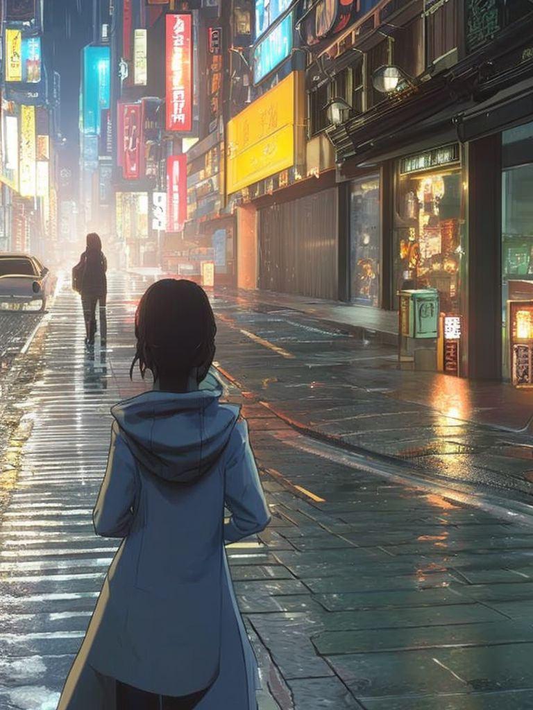Leik_08: Anime lady in the street, back charater view, without looking ...