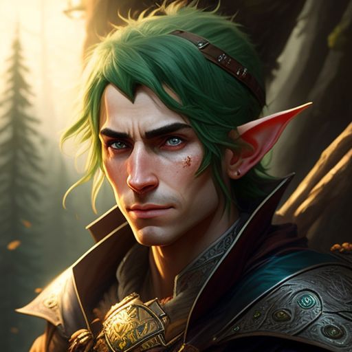 miquaight: A detailed portrait of a elf man, small ears, green hair ...