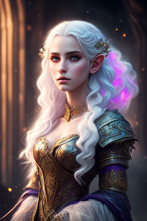 Enchantress: woman, young adult, elf, white hair, tall, petite, purple ...