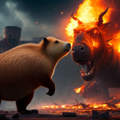 gloomy-frog223: a giant capybara fighting a dragon, in the background a ...