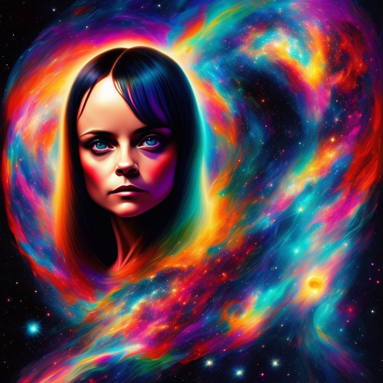 Christina Ricci, in a colorful and abstract dimension, surrounded by swirling galaxies, Highly detailed, Digital painting, art by karen hallion and stanley donwood and michael kutsche, Smooth, Sharp focus, Fantasy, Sci-fi, Portrait, intricate.