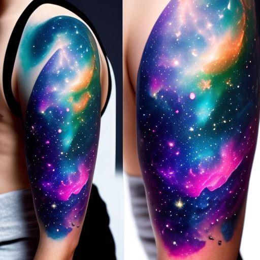 GuttoNerd73: "Design a stunning and hyper-detailed nebula tattoo that  embodies the beauty of the universe in its infinite complexity. Use a  vibrant and bright color palette, incorporating shades of blue, pink,  purple,