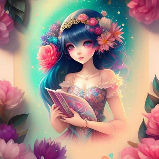 unique-panda697: Cute anime girl wearing smiling and very happy, surrounded  by flowers., holding a pen and a notebook with scribbles in it, against a  bright and colorful background, with pop art style