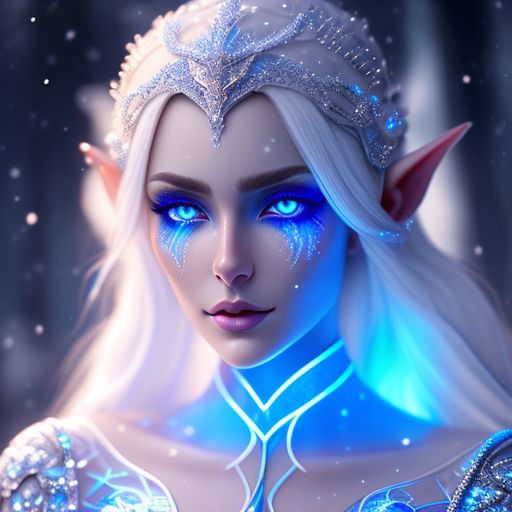 Winter eladrin elf female. Blue glowing eyes. Beautiful and ethereal. Winter magic. White clothing. , Perfect anatomy, Studio photo, Rich color, Sensual, Fantasy, Photorealistic, Ultra detailed, Vibrant lighting, Realistic textures, Beautiful face, Cute Eyes, Fine details, Intricate details, Full body, Hyperrealistic, Shine, Full figure, Supermodel