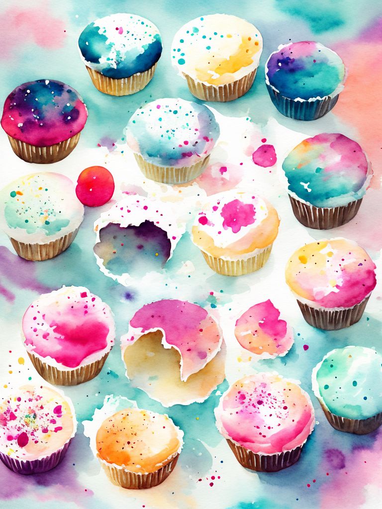 : Cupcakes, Whimsical scattered cute cupcake, gouache, pale  watercolour illustration, light color palette, pale color palette