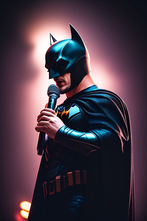 batman as a singer, singing song on stage, holding mic, expression, happy,, Cinematic, Photography, Sharp, Hasselblad, Dramatic Lighting, Depth of field, Medium shot, Soft color palette, 80mm, Incredibly high detailed, Lightroom gallery